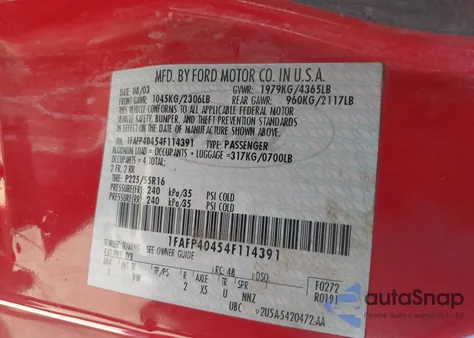 2004 Ford Mustang из США, поврежденный, VIN 1FAFP40454F114391